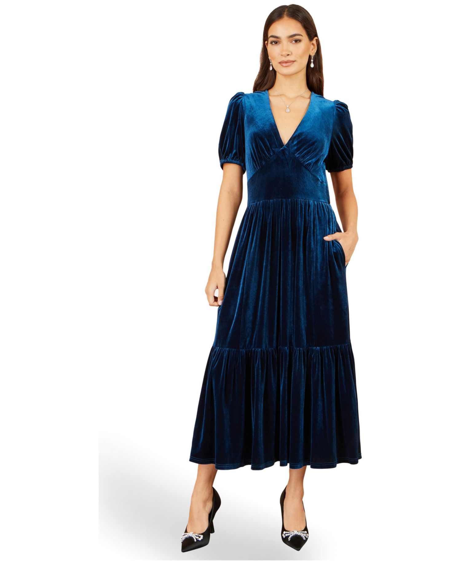 Women's Puff Sleeve V-Neck Velvet Midi Dress