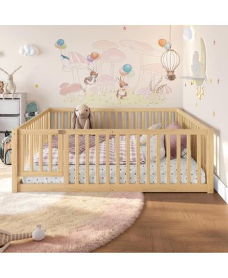 Full Size Bed Floor Bed with Safety Guardrails and Door for Kids