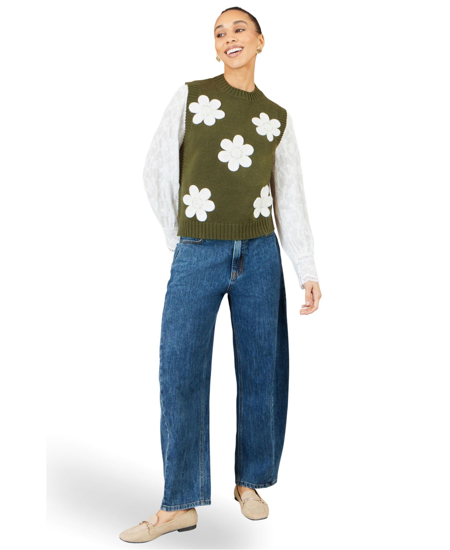 Женский топ Yumi Floral-Print Flower Applique, цвет: Зелёный — фото 2