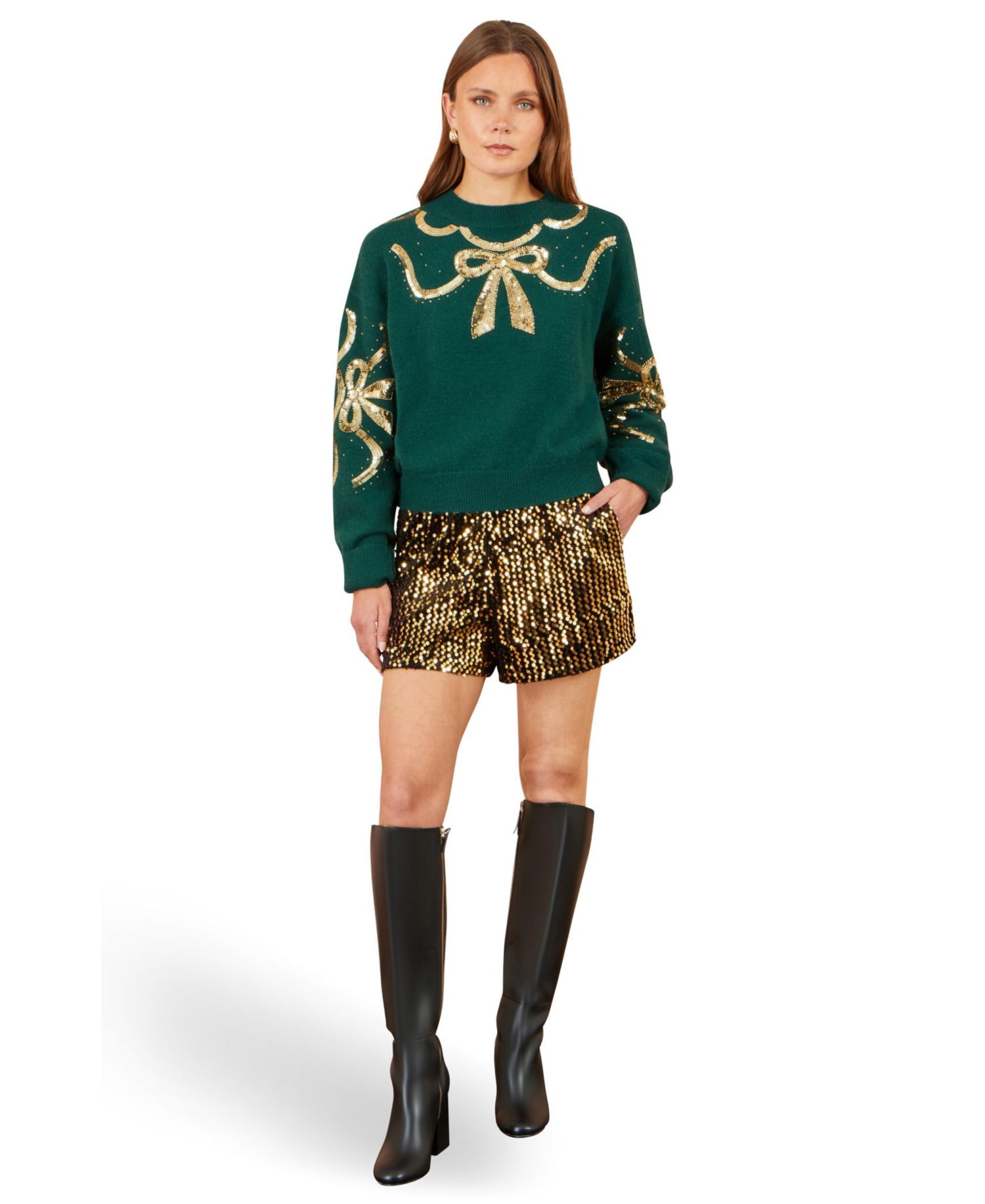 Women's Sequin Bow Long-Sleeve Knit Sweater