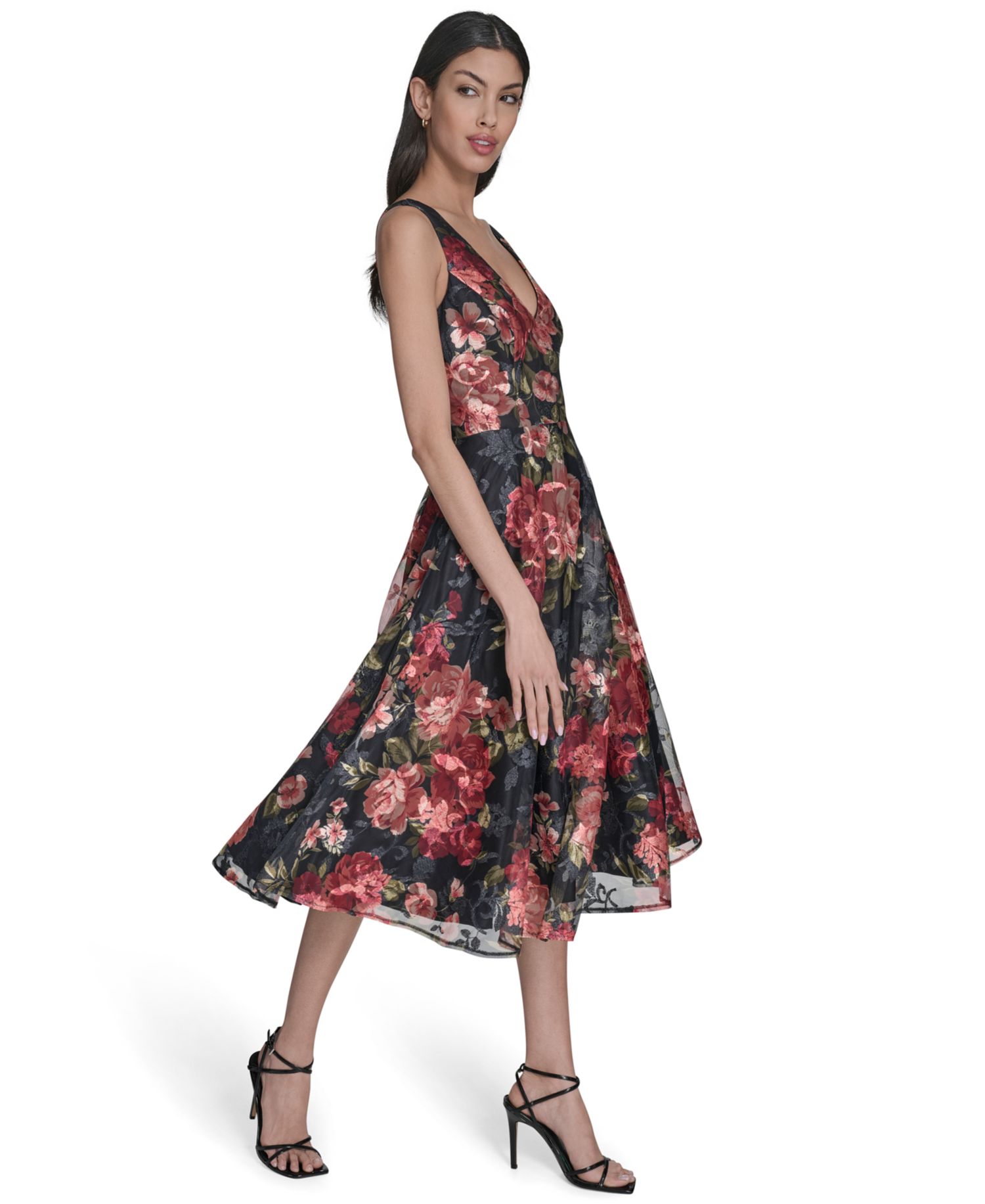Women's Floral V-Neck Fit & Flare Midi Dress