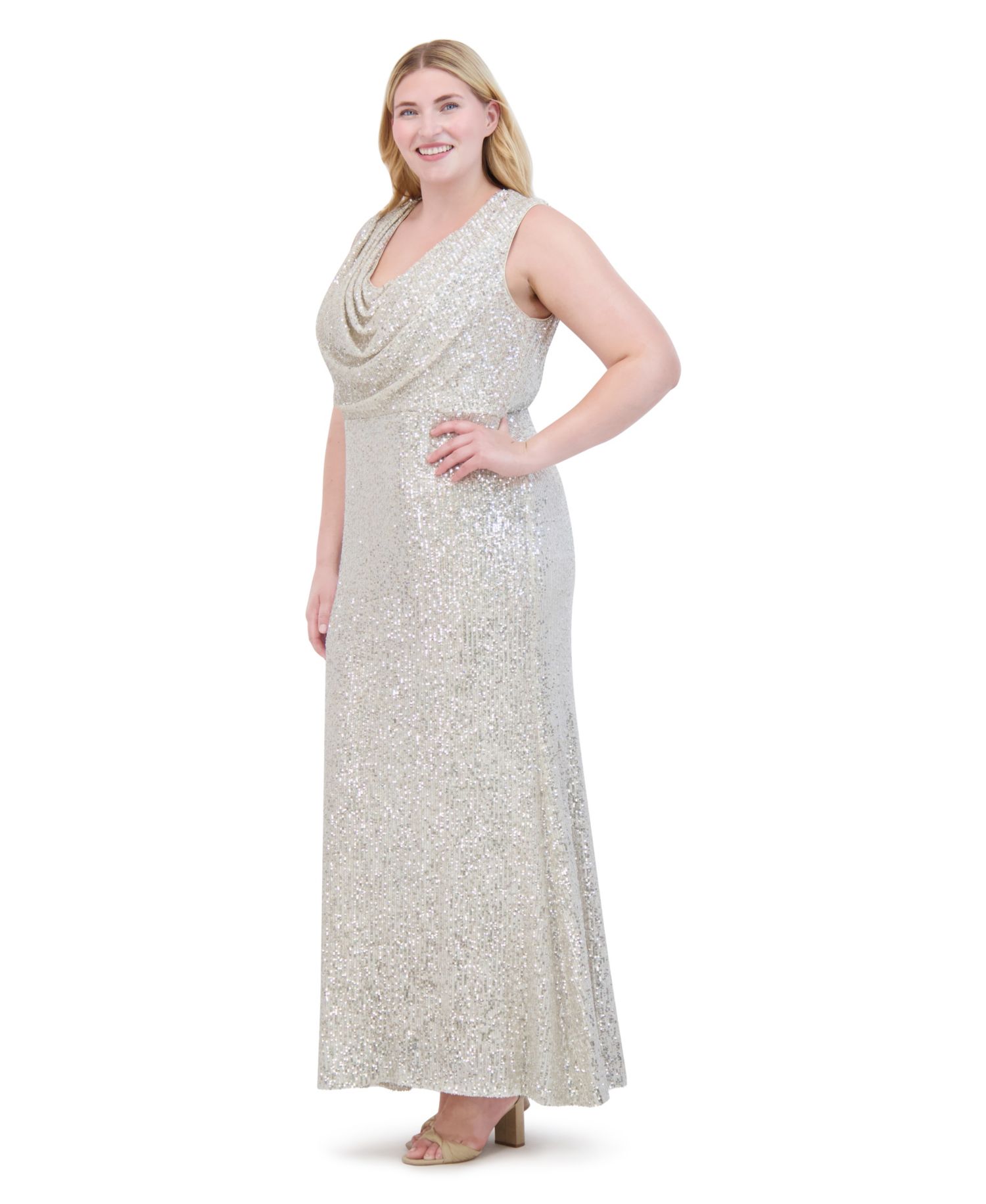 Plus Size Sequin Cowl Neck Sleeveless Gown