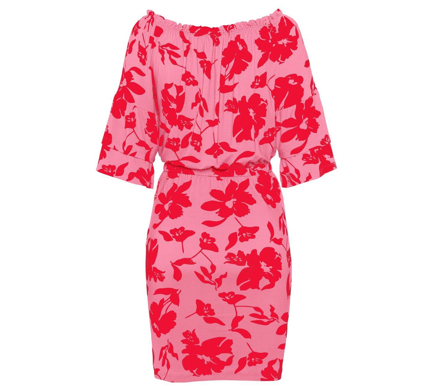 Женское платье Lascana Viscose Floral Print Off Shoulder Multiway Short, цвет: Розовый / Красный — фото 6