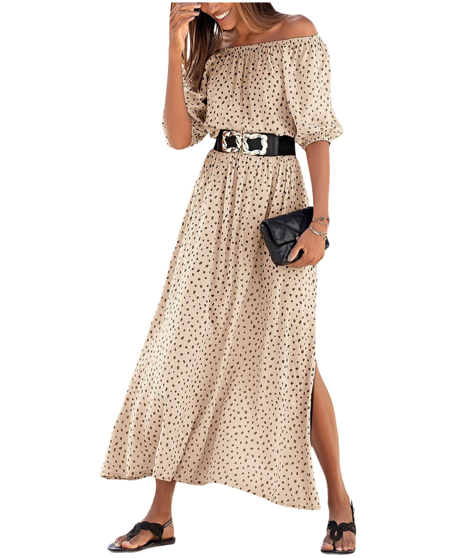 Women's Printed Off Shoulder Elastic-Waist Maxi Dress