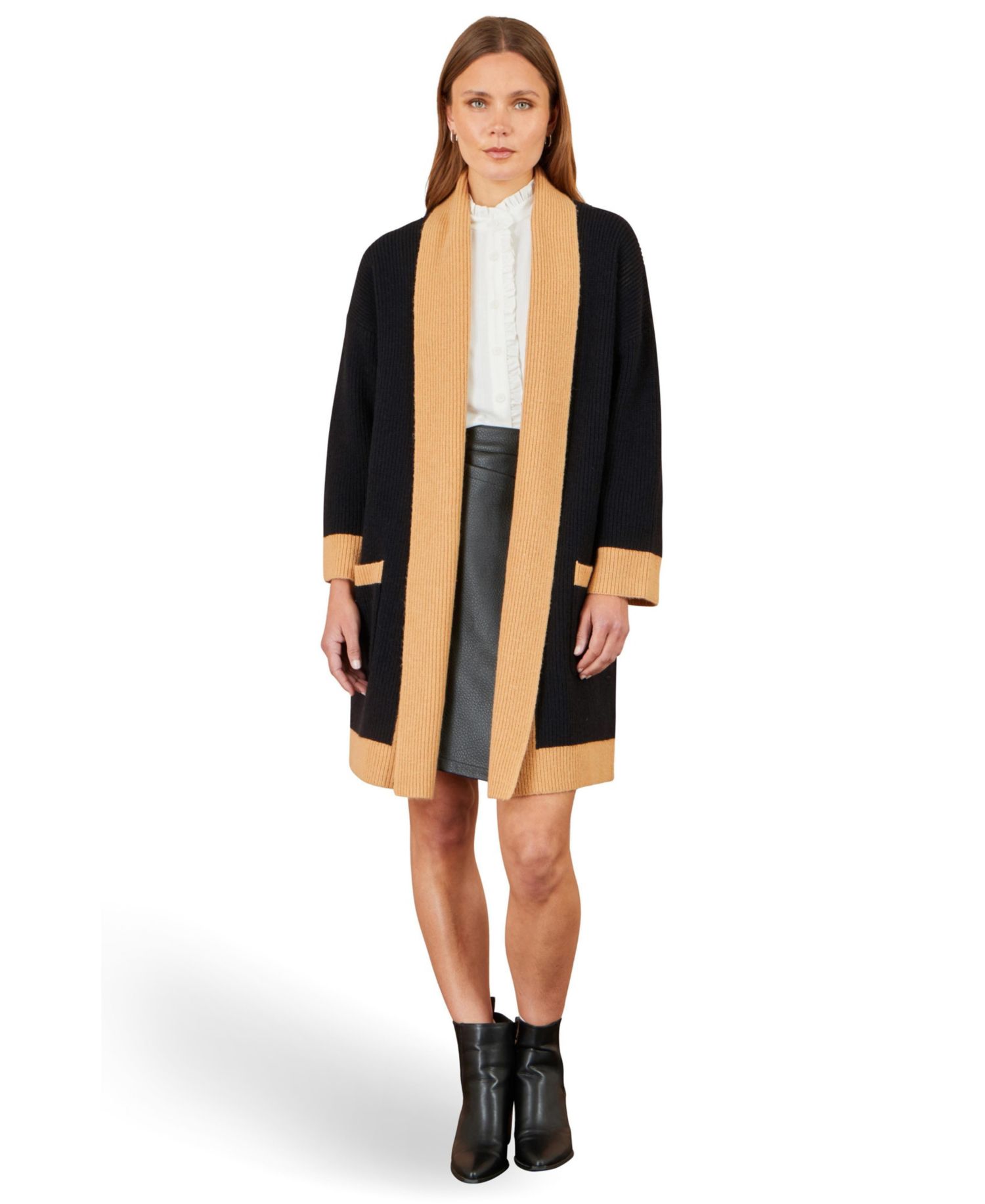 Women's Longline Ribbed Border Open Cardigan