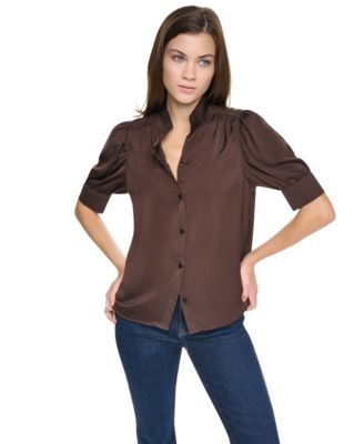 Women's Puff Sleeve Shirt With Stand Collar 