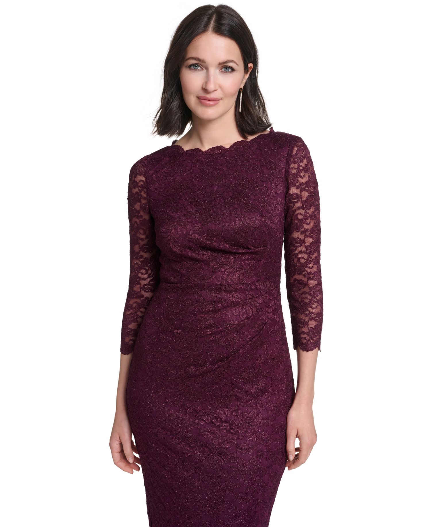 Petite 3/4-Sleeve Side-Tuck Lace Gown
