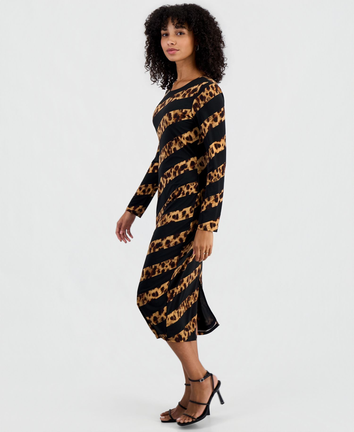 Women's Leopard-Print Long-Sleeve Midi Dress