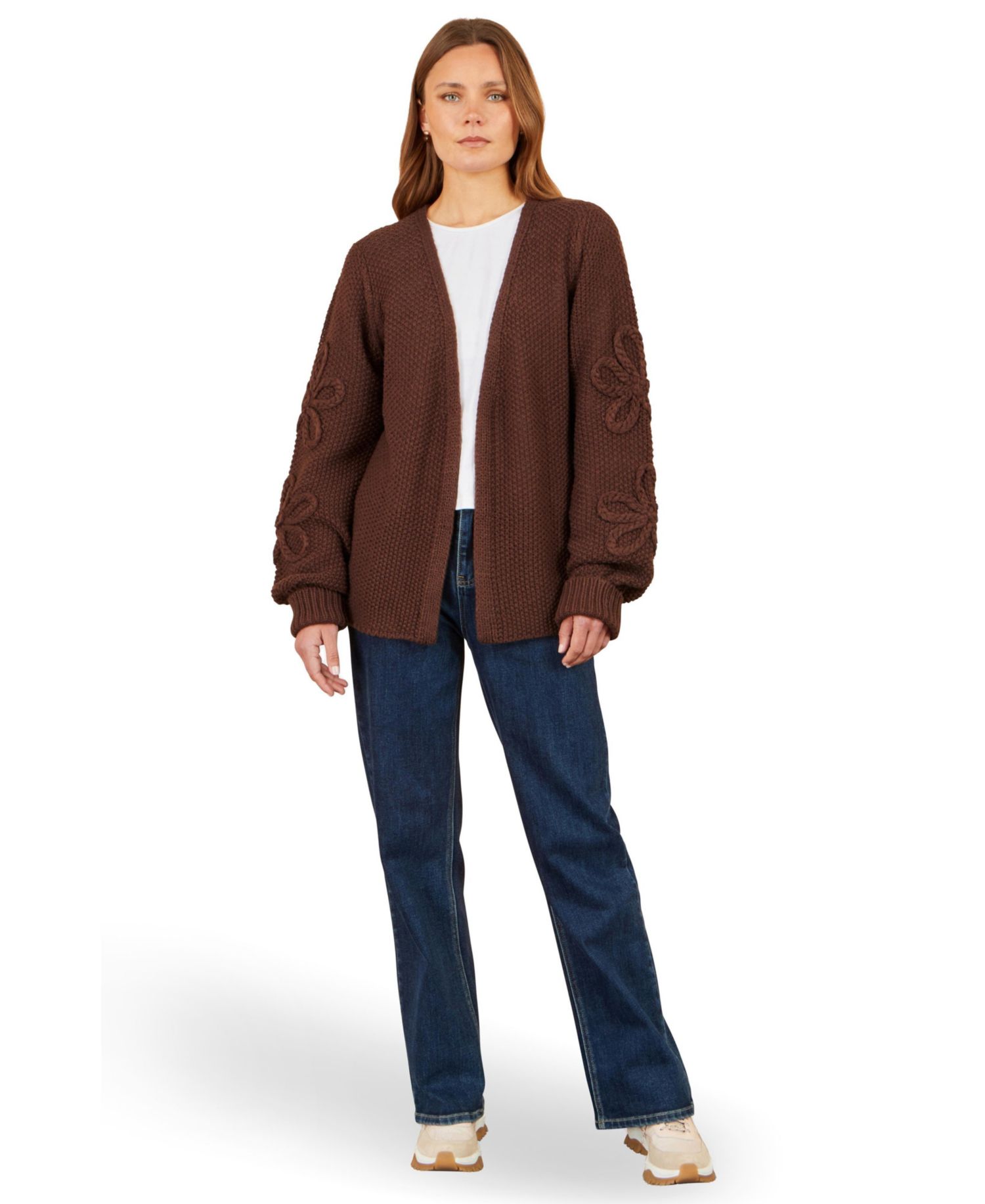 Women's Chunky-Knit Flower-Detail-Sleeve Cardigan