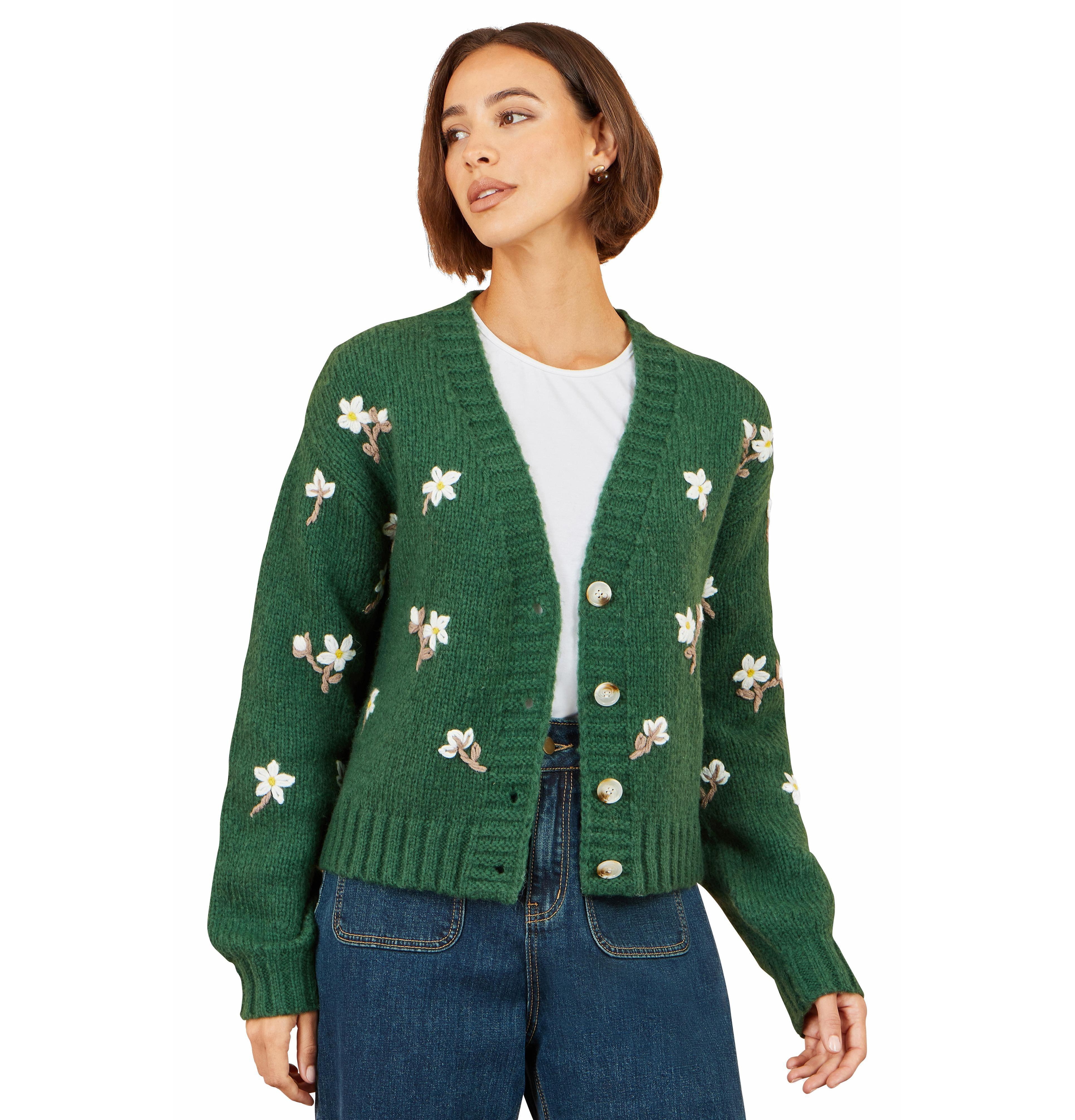 Yumi Women's Hand-Embroidered Chunky Knit Floral Cardigan