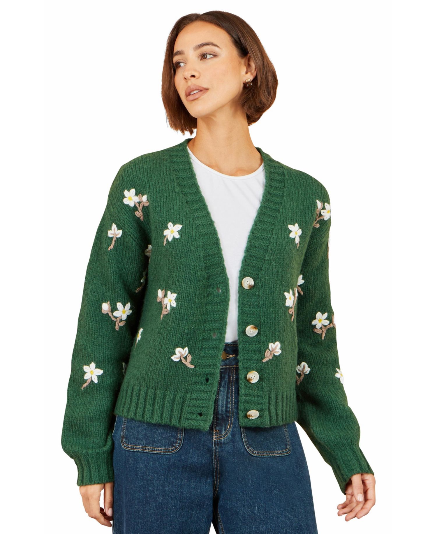 Women's Hand-Embroidered Chunky Knit Floral Cardigan