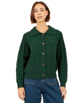Women's Collard Cable Knit Boxy Cardigan