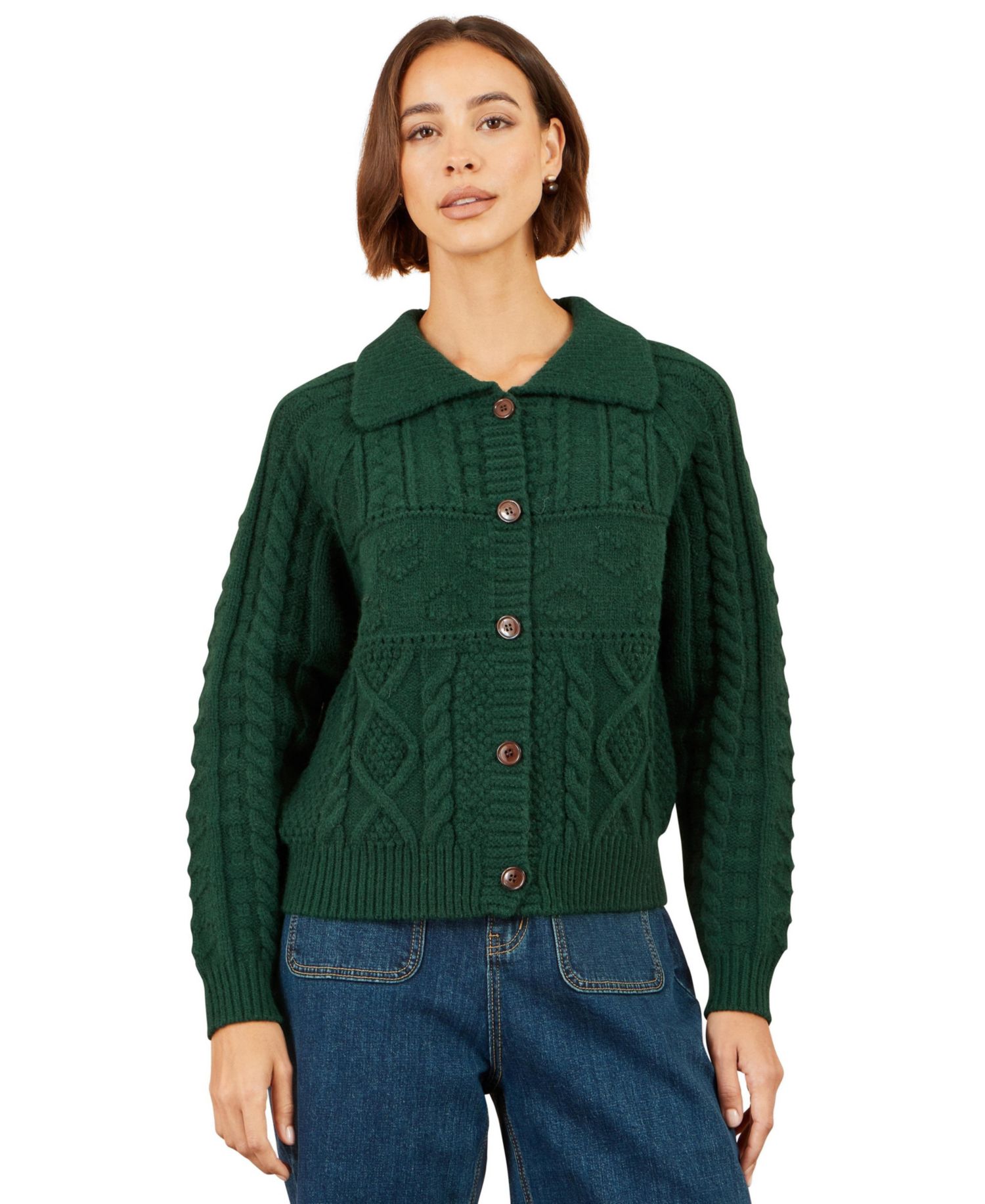 Women's Collard Cable Knit Boxy Cardigan