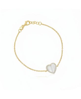 Large Mother of Pearl CZ Halo Single Heart Bracelet 14K Gold-Plated Sterling Silver