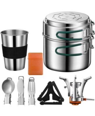 Stainless Steel Camping Cookware Mess Kit With Mini Stove For Hiking Picnic