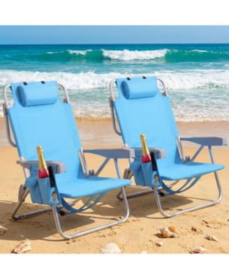 2 Pack Beach Chairs Reclining Folding Portable Cup Holder Cooler Towel Bar outdoor