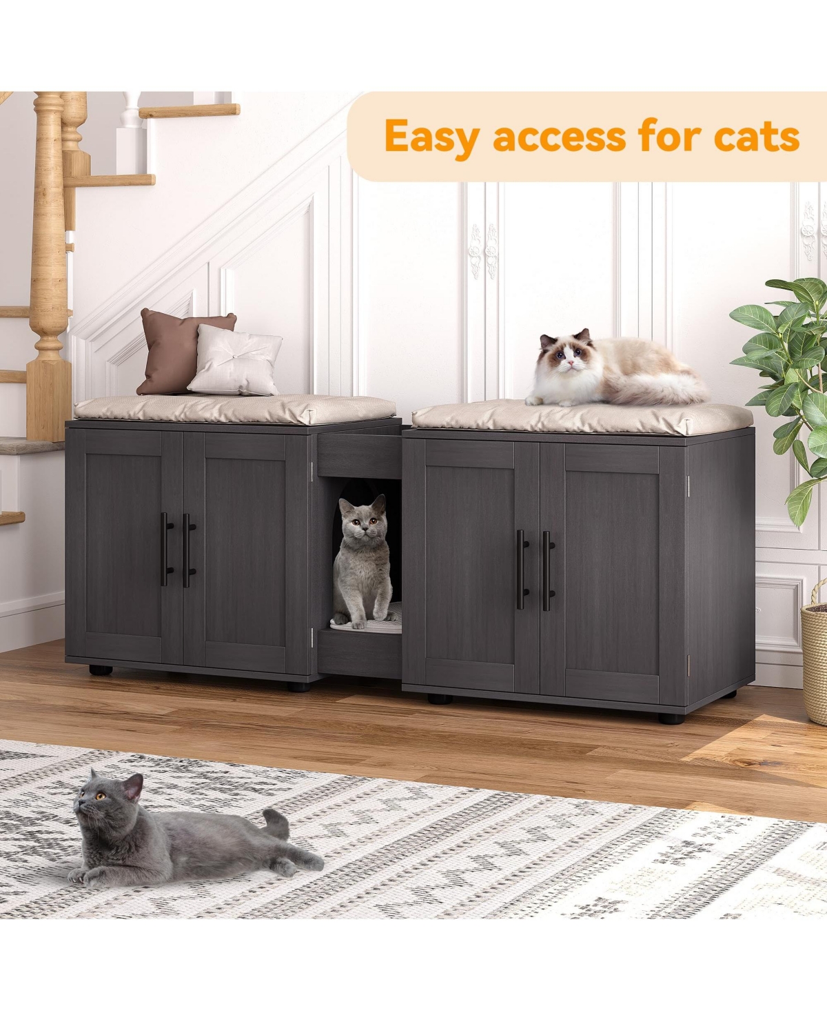 homfan Double Cat Litter Box Enclosure Furniture for 2 Cats, Hidden Wooden Cabinet with Dual Rooms, Barn Doors, Storage and Waterproof Surface