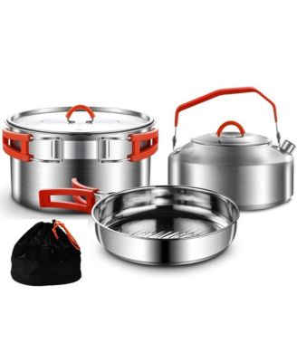4 Piece 304 Stainless Steel Camping Cookware Set With Frying Pan Pot Kettle And Mesh Bag For Hiking Travel