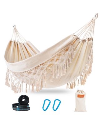 Portable Two-Person Cotton Camping Hammock with Tree Straps Carry Bag for Outdoor Patio Poolside