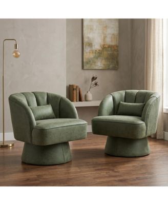 360degree(s) Swivel Barrel Chairs Set of 2, Ultra-Plush PU Seat with Cloud-Like Padding and Striped Backrest, Round for Living Room, Bedroom
