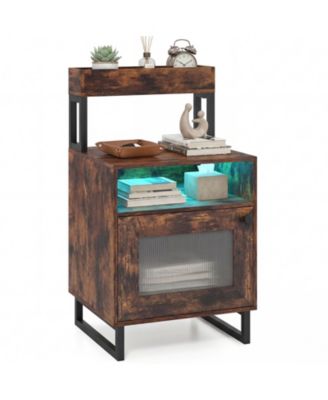 Nightstand with LED Lights, Modern End Table with Top Tray, Open Compartment