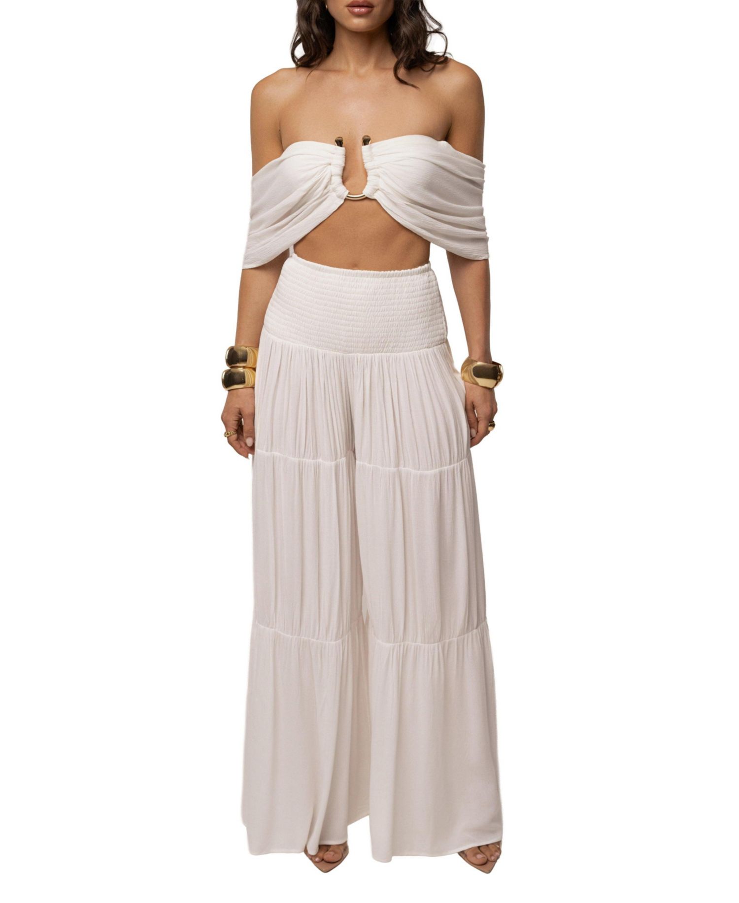 Women's Hidden Gems Tier Off-the-Shoulder Crop High-Waisted Top and Pants, 2-Piece Set