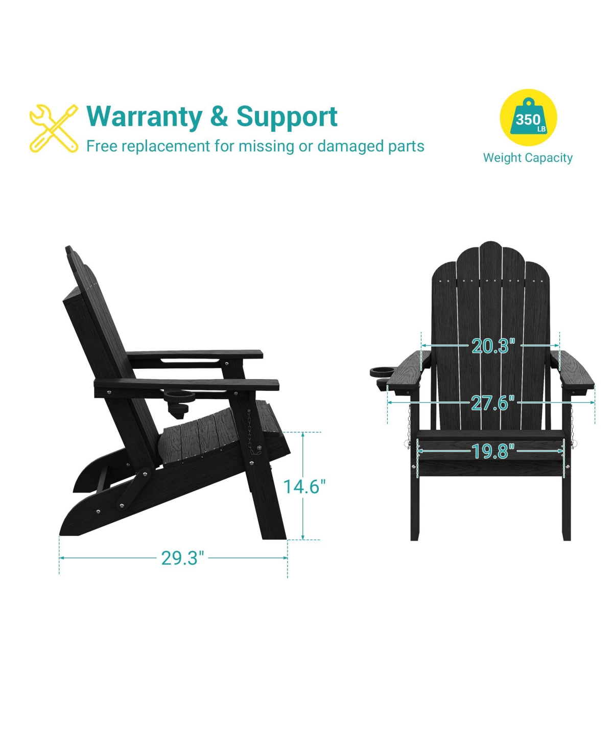 Sonkuki Folding Adirondack Chair with Retractable Cup Holder, Hdpe Fire Pit Patio Seating, Heavy Duty Outdoor Lawn Furniture, 350 lbs Capacity