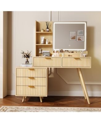Vanity Desk with Lighted Mirror & Power Outlet, 5 Drawers, Wave Panel, 3-Color Lighting, Shelves for Bedroom