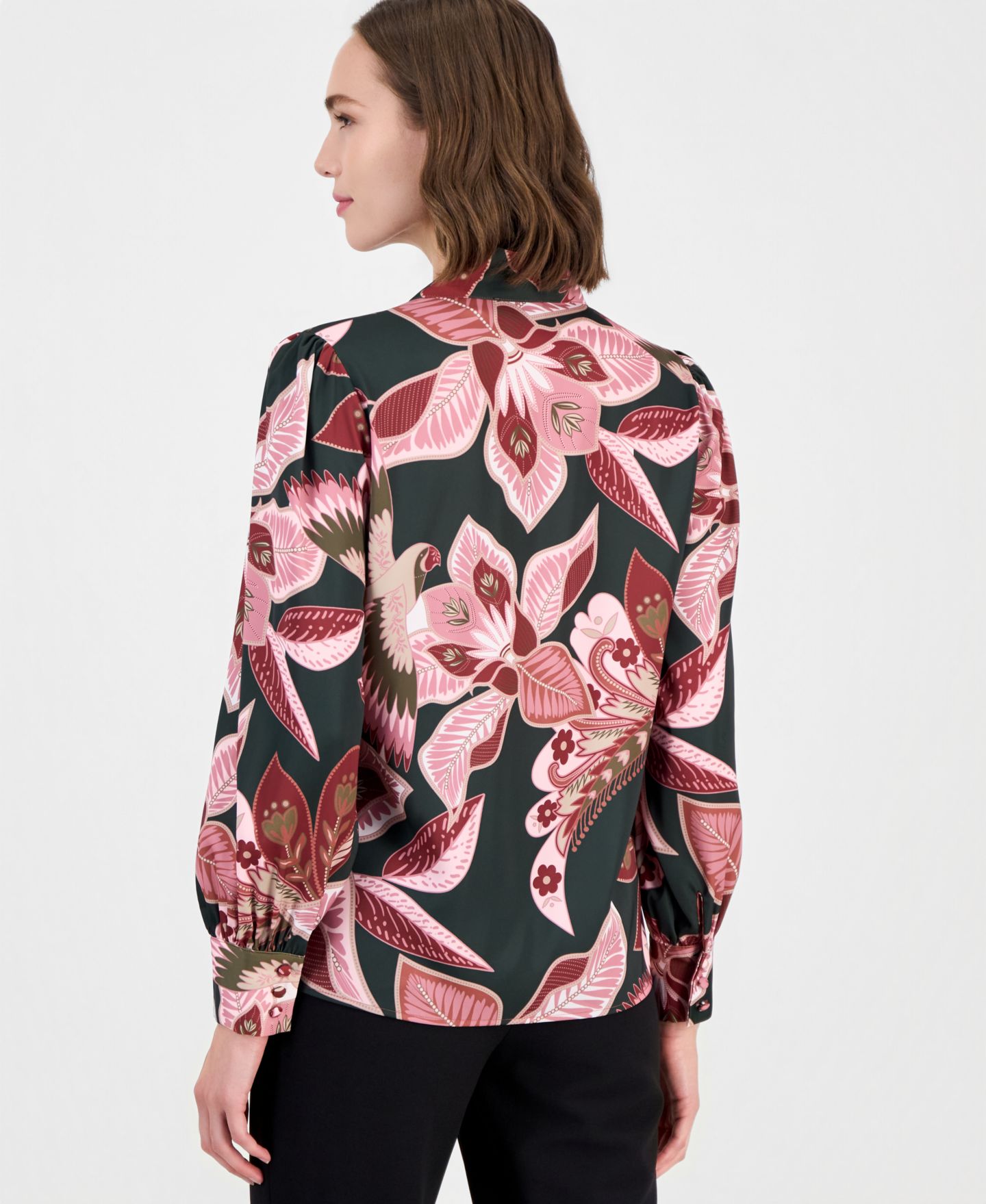 Женская блузка T Tahari Long-Sleeve V-Neck Bow Tie Floral-Print, цвет: С принтом — фото 4