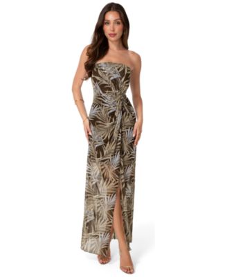 Women's Printed Mesh Twist Waist Strapless Maxi Dress