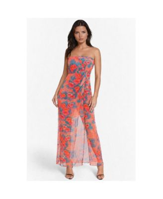 Women's Printed Mesh Twist Waist Strapless Maxi Dress