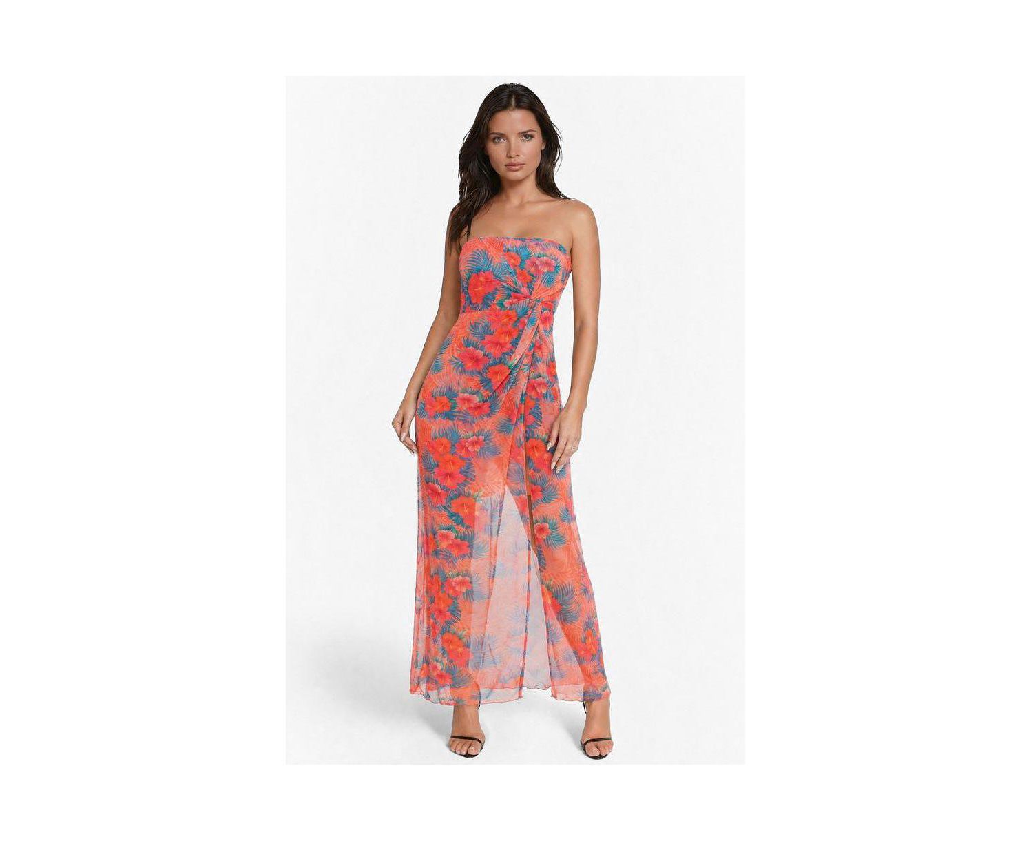 Women's Printed Mesh Twist Waist Strapless Maxi Dress