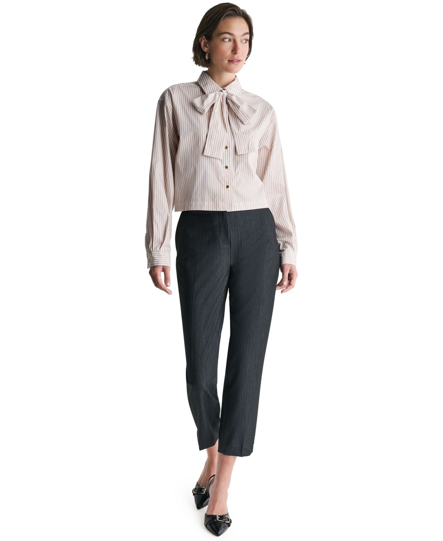 Women's Long-Sleeve Striped Tie Neck Blouse
