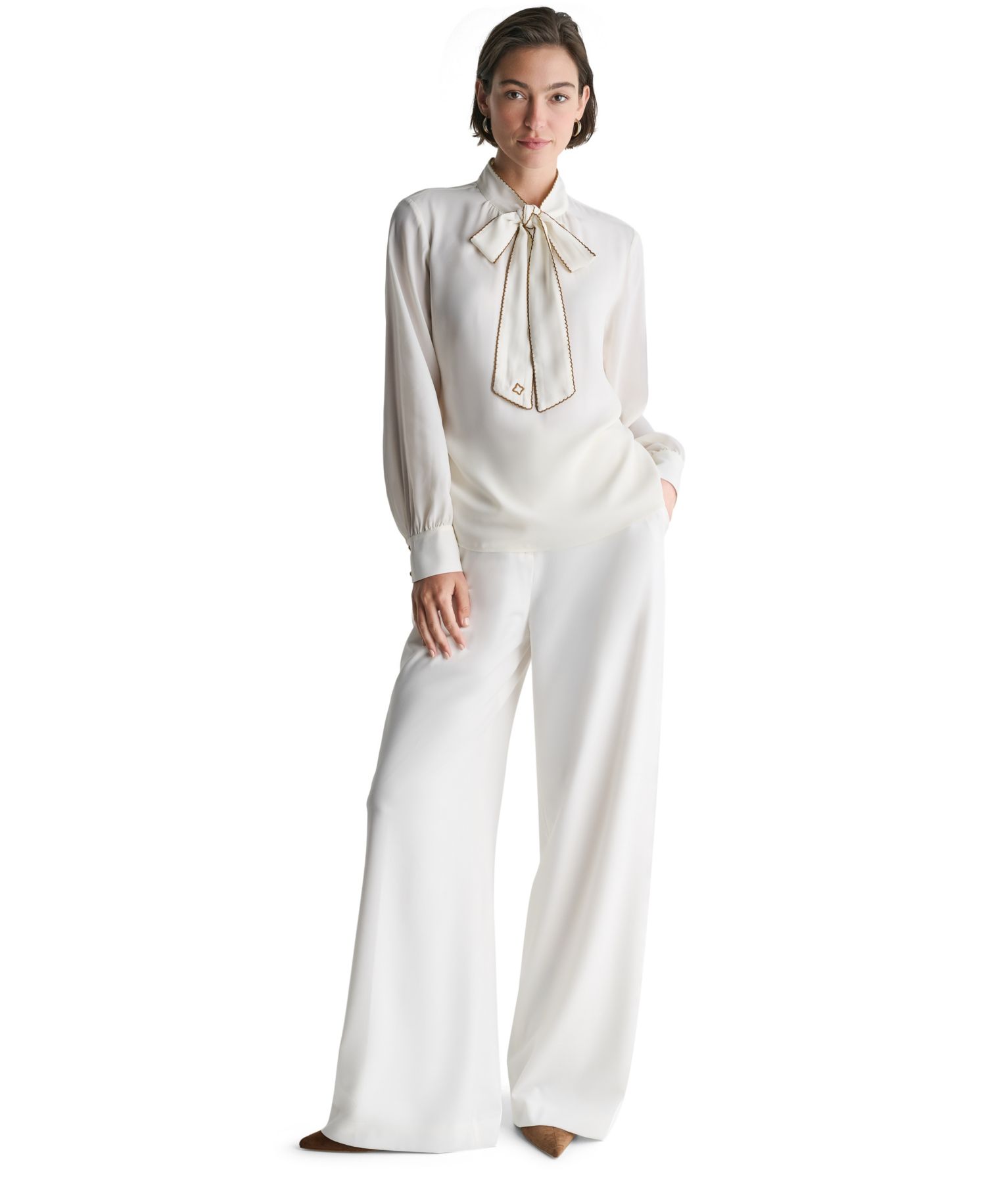 Women's Tie-Neck Embroidered Back-Keyhole Blouse