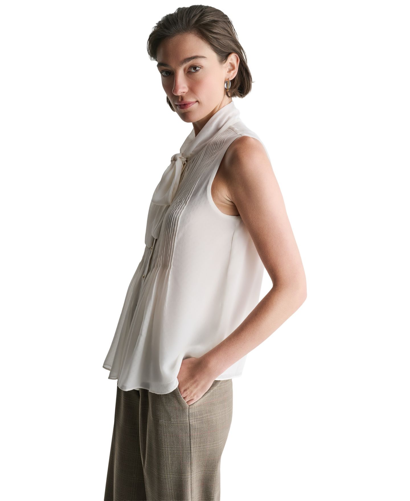 Женская блузка BCBG Sleeveless Tie-Neck Button-Front, цвет: Белый — фото 4