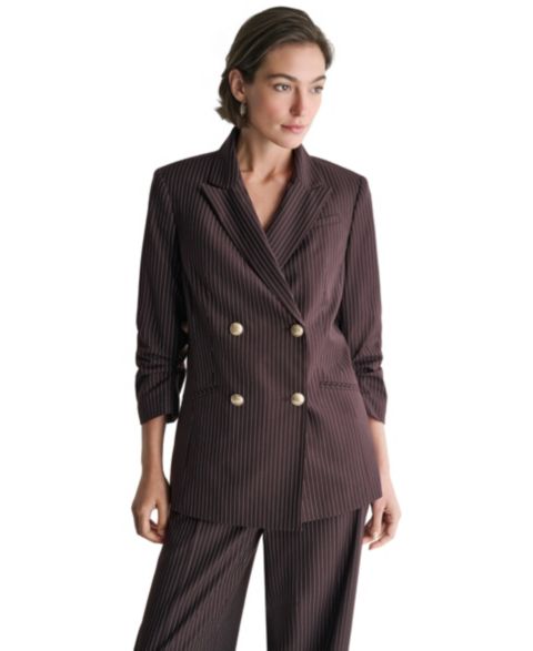 Женский пиджак BCBG Double-Breasted Pinstripe Blazer, цвет: Трюфельный чёрный