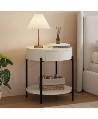 Round Farmhouse End Table with Drawer, Wood-Grain Top and Metal Legs, Vintage Nightstand,White