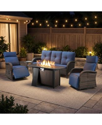 5-Pieces Outdoor Wicker Patio Conversation Furniture Set with Swivel Recliner Chairs and Rectangular Fire Pit Table