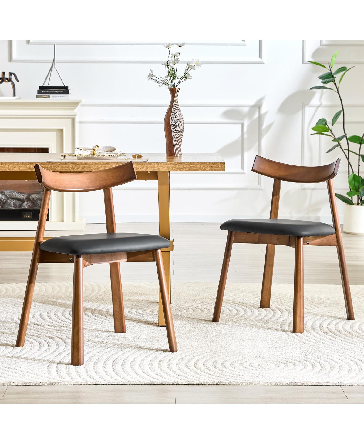Streamdale Furniture 2 Walnut Solid Wood Dining Chairs with Pu Cushions and Curved Backrests