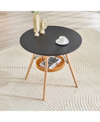 31.5'' Circular Dining Table with Woven Storage Basket and Wood Legs