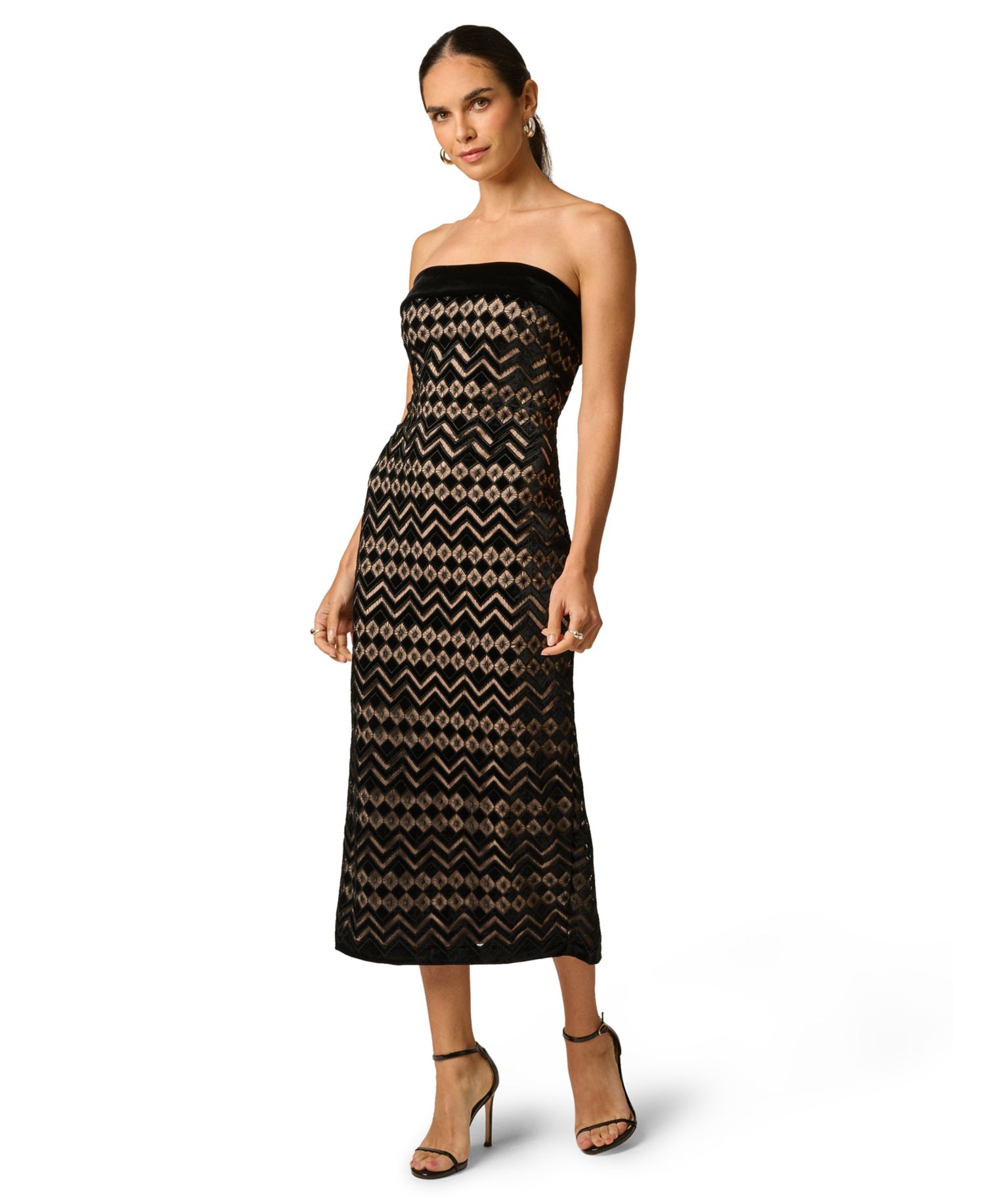 Women's Geometric Velvet Strapless Midi Dress