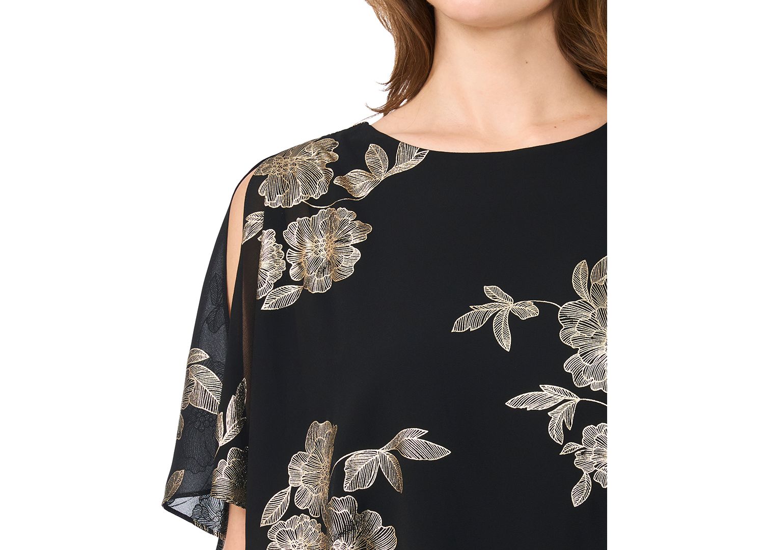 Women's Foil Floral-Print Cold-Shoulder Cape-Sleeve Top