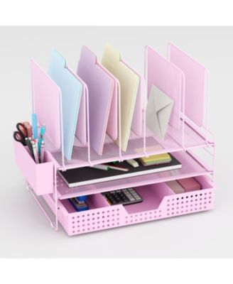 Metal Desk Organizer with Vertical File Holder Drawer Pen Holder Multi-Functional Storage for Home Office School