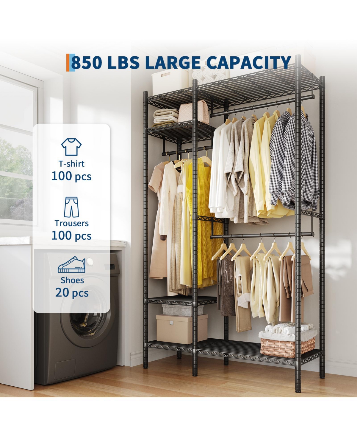 homfan Heavy Duty Metal Garment Rack – Freestanding Storage Shelf and Adjustable Shelves and Hanging Rods – 1000 lb Cap – for Closet, Wardrobe