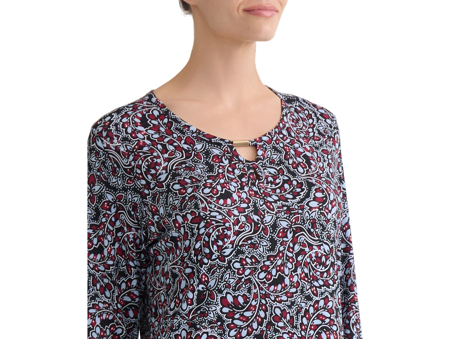 Женский топ Jones New York Keyhole 3/4-Sleeve Paisley-Print Top, цвет: Чёрный разноцветный — фото 2
