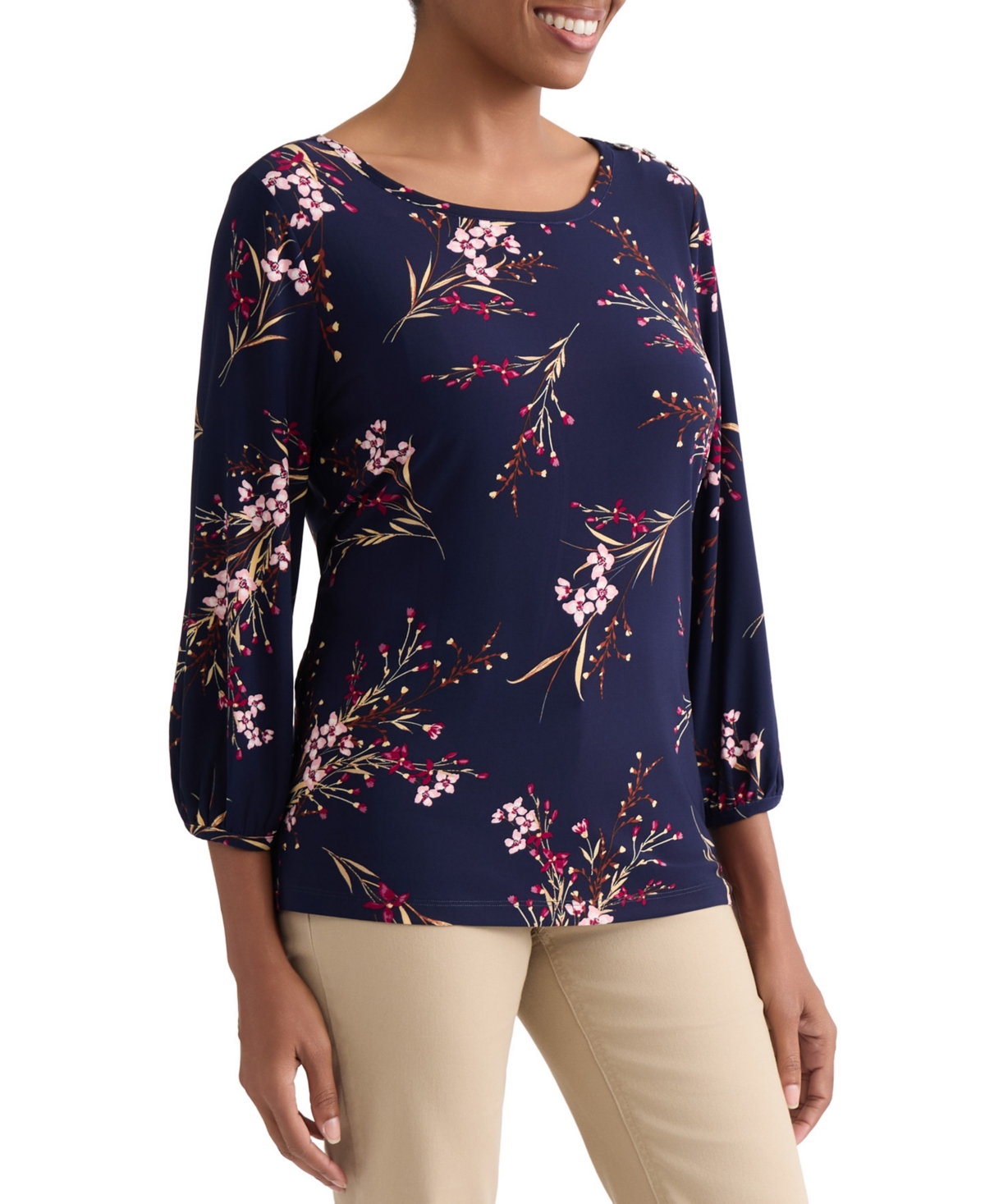 Jones New York Women's Ity Printed Round Neck Box Top