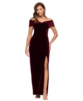 Women's Velvet Off-The-Shoulder Leg-Slit Gown