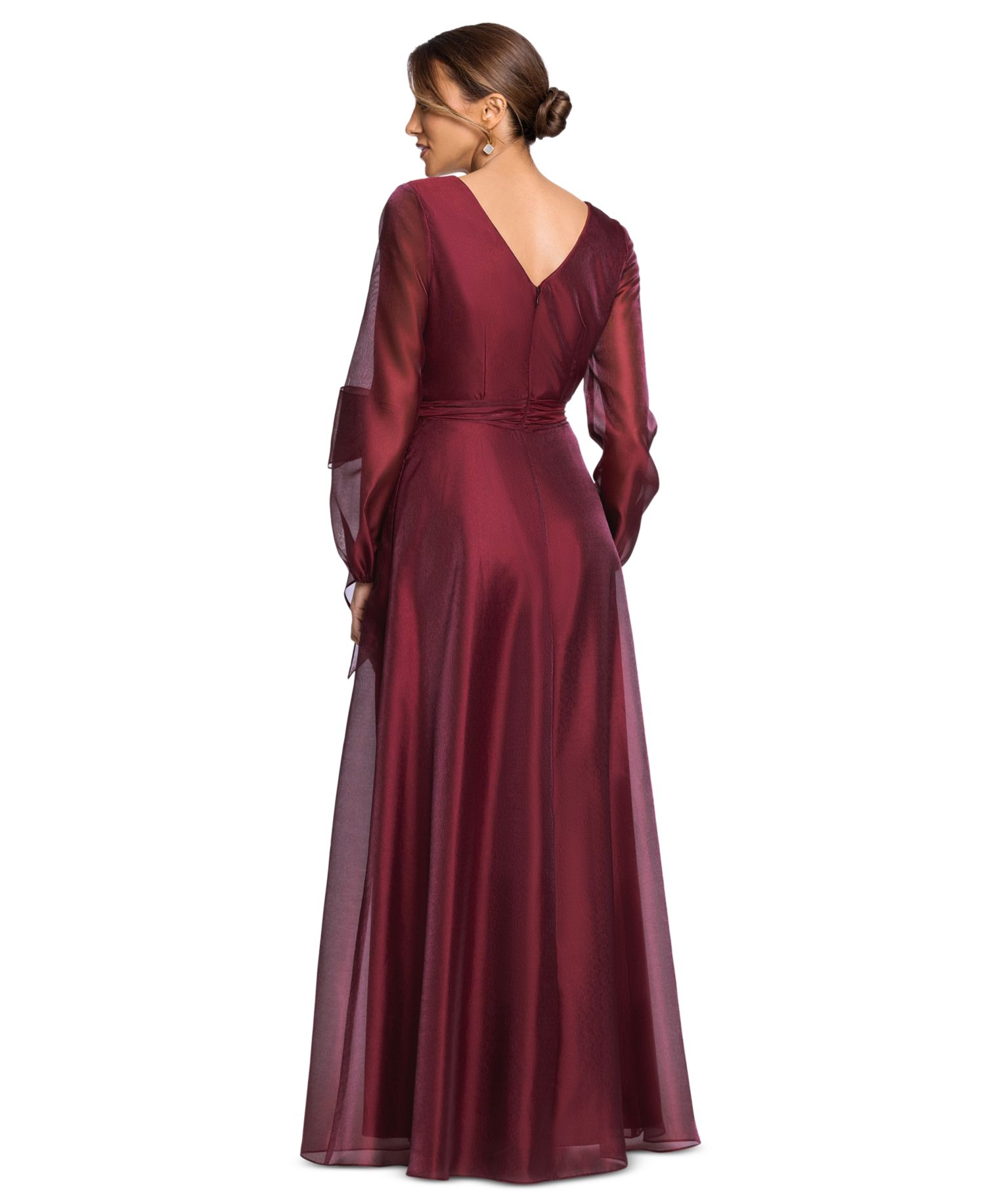 Women's V-Neck Long Sleeve Metallic Organza Gown