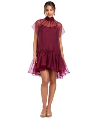 Women's Organza Mock Neck Ruffle Hem Dress