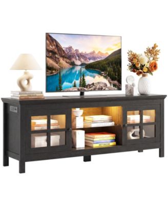 55" TV Stand with Charging Station and LED Lights, Glass Display Cabinet with Shelves